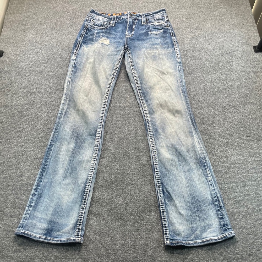 Rock Revival Evie Bootcut Jeans Womens 29 Blue Distressed Mid Rise Denim